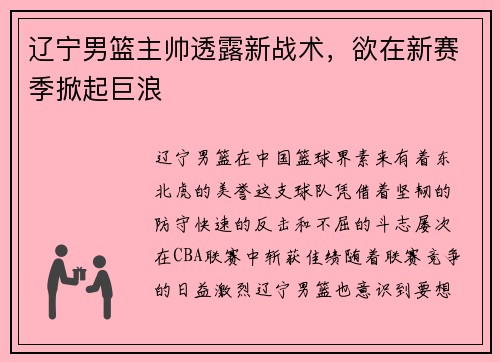辽宁男篮主帅透露新战术，欲在新赛季掀起巨浪
